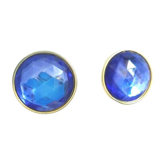 Vintage Faceted Round Blue Rhinestone Dome Button Earrings Gold Tone Clip On - Picture 1 of 3